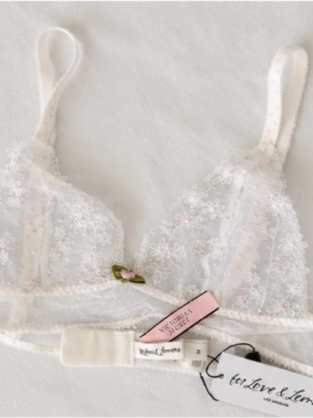 Victoria's Secret White Sheer Floral Lace Bralette with Pink Accents